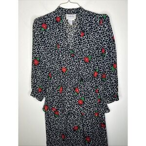 Vintage Leslie Faye Floral Women's 12 Peplum Midi Dress Cottagecore Black Sheer